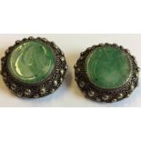A PAIR OF VINTAGE CHINESE SILVER AND JADE EARRINGS Having a jade disc carved with a stylized bird