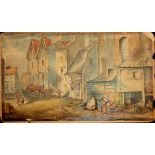 AN 18TH CENTURY WATERCOLOUR Landscape, street scene with figures and horse and cart, inscribed in