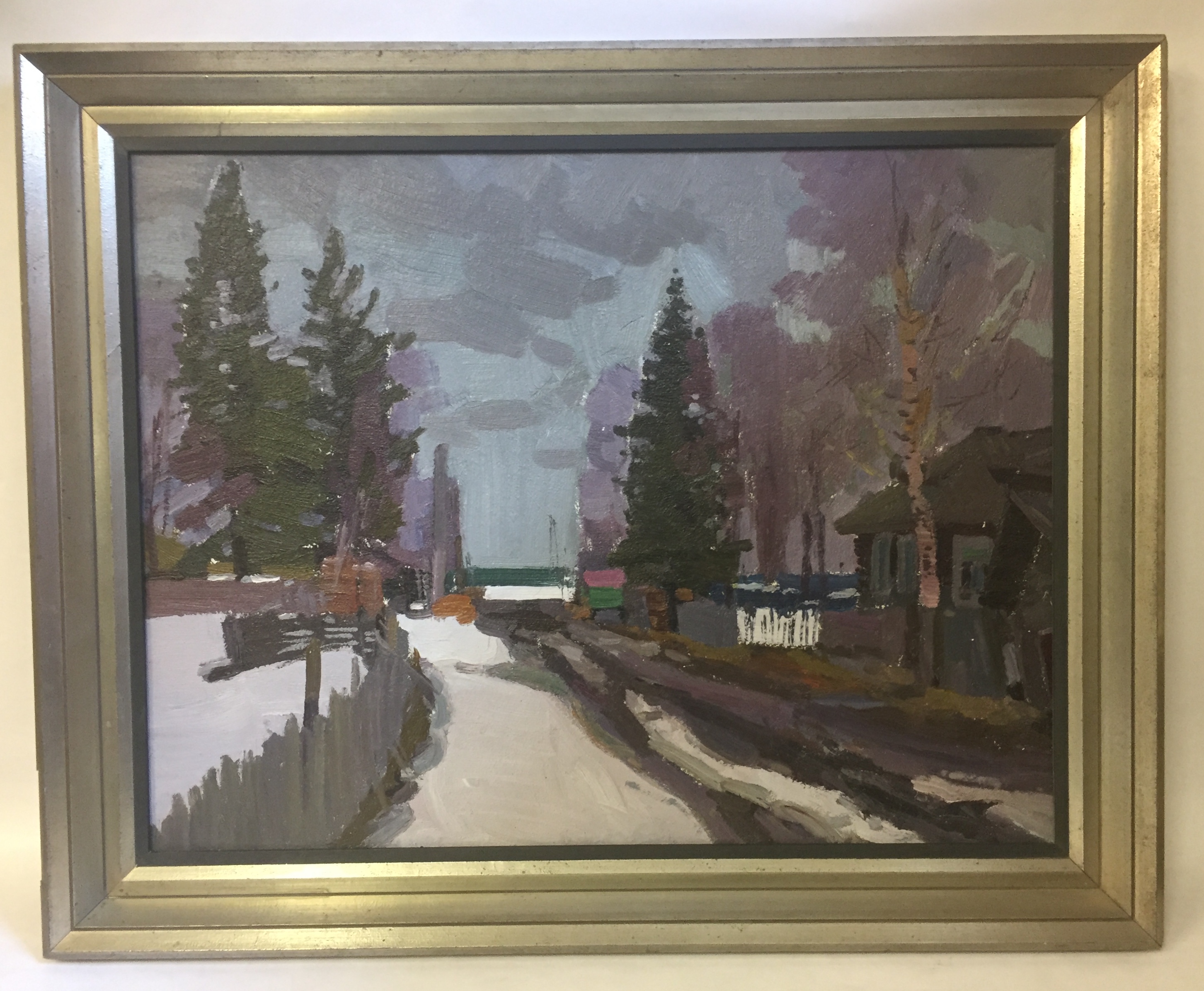 MIKHAIL VASILIEVICH AKINSHIN, 1927 - 1982, OIL ON BOARD Winter street scene, illustrated with houses - Image 2 of 3