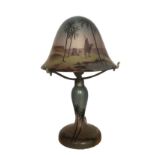 AN ART DECO STYLE GLASS MUSHROOM TABLE LAMP Decorated with a Nomadic dessert scene. (40cm)