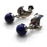A PAIR OF 20TH CENTURY SWEDISH SILVER AND LAPIS LAZULI EARRINGS Each having a single spherical stone