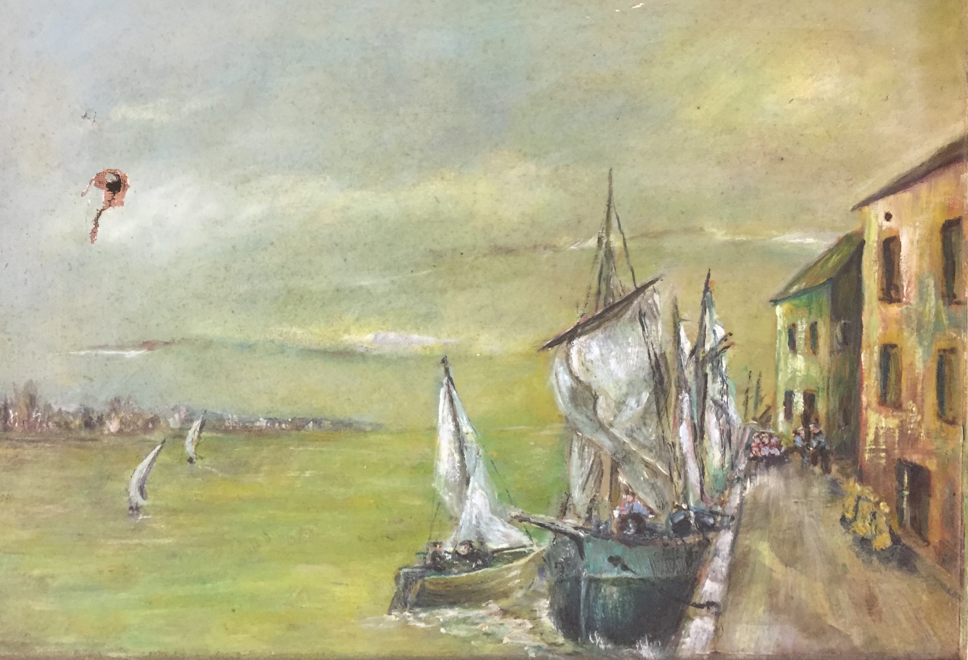 A 19TH CENTURY OIL ON CANVAS HARBOUR SCENE Depicted with boats and buildings at the harbour,