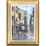 MARY STUART GIBSON, F.L., 1928 - 1940, OIL ON CANVAS BOARD Townscape with children, signed and