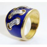 AN 18CT GOLD, DIAMOND AND ENAMEL RING The upper shank with blue enamel and 'lace' motif formed as