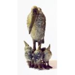 A 19TH CENTURY COLD PAINTED BRONZE ANIMALIER MODELLED AS A PELICAN WITH OFFSPRING. (approx 9cm)