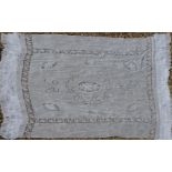 A 20TH CENTURY LINEN AND LACE TABLECLOTH Decorated with cherubs, ribbons and foliate motifs. (