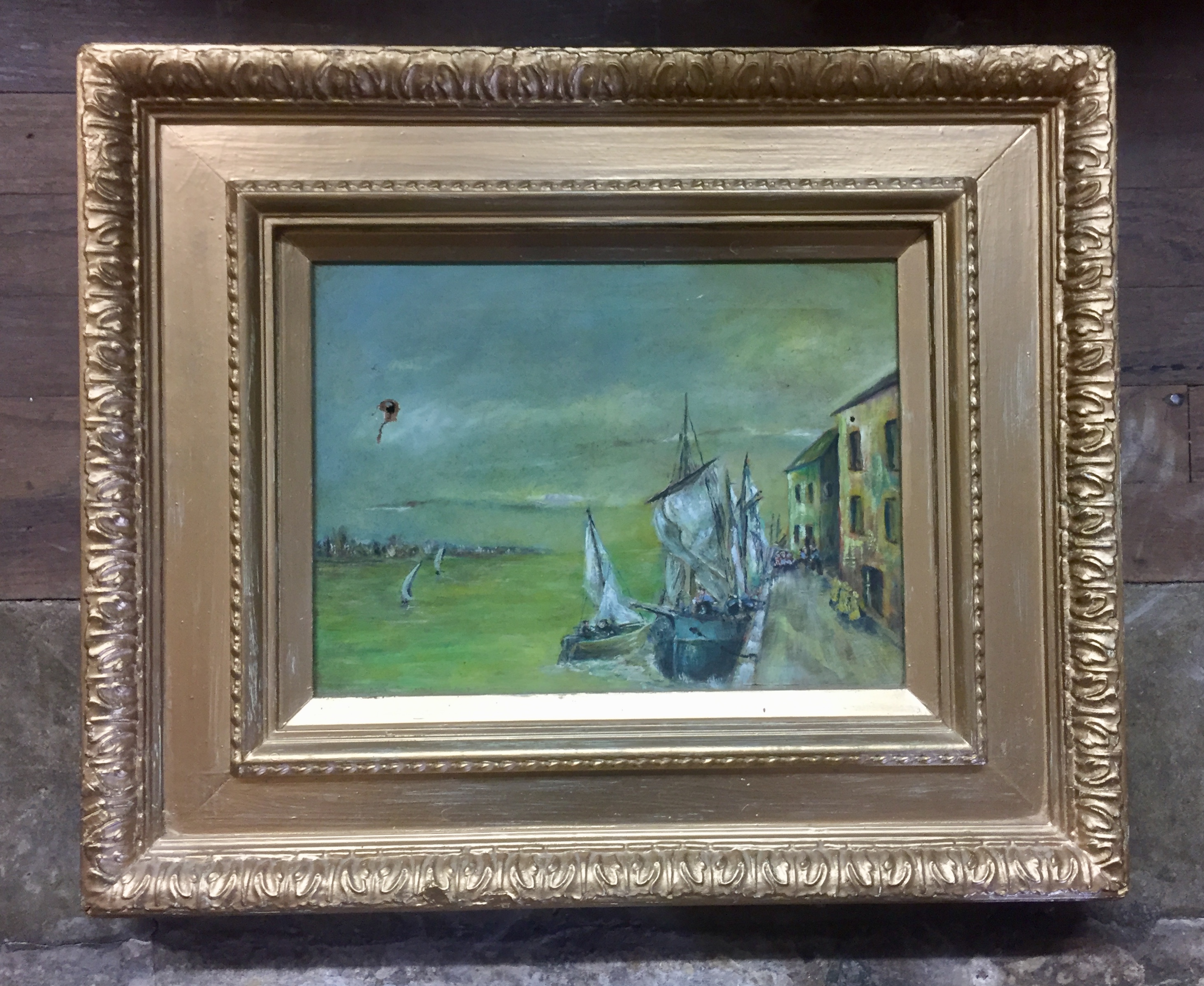 A 19TH CENTURY OIL ON CANVAS HARBOUR SCENE Depicted with boats and buildings at the harbour, - Image 2 of 3