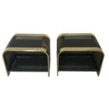 A PAIR OF SIXTIES SUEDE AND BRASS SIDE TABLES With smoked glass tops and lower shelves. (67cm x 62cm