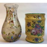 A 19TH CENTURY FRENCH FAIENCE POTTERY CYLINDRICAL VASE The yellow ground hand painted with a pink