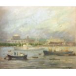 P. JOHNSON, OIL ON CANVAS Yokohama Harbour with SS Carhay, gilt framed.