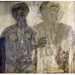 A MID 20TH CENTURY OIL ON CANVAS Male and female figures, depicted in a stylized form. (h 103cm x