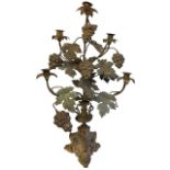 A 19TH CENTURY CONTINENTAL BRASS AND ENAMEL CANDELABRA The five branch arm cast with grapes and