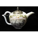 AN 18TH CENTURY POTTERY MINIATURE GLOBULAR TEAPOT Having a white metal lid, hand painted with two