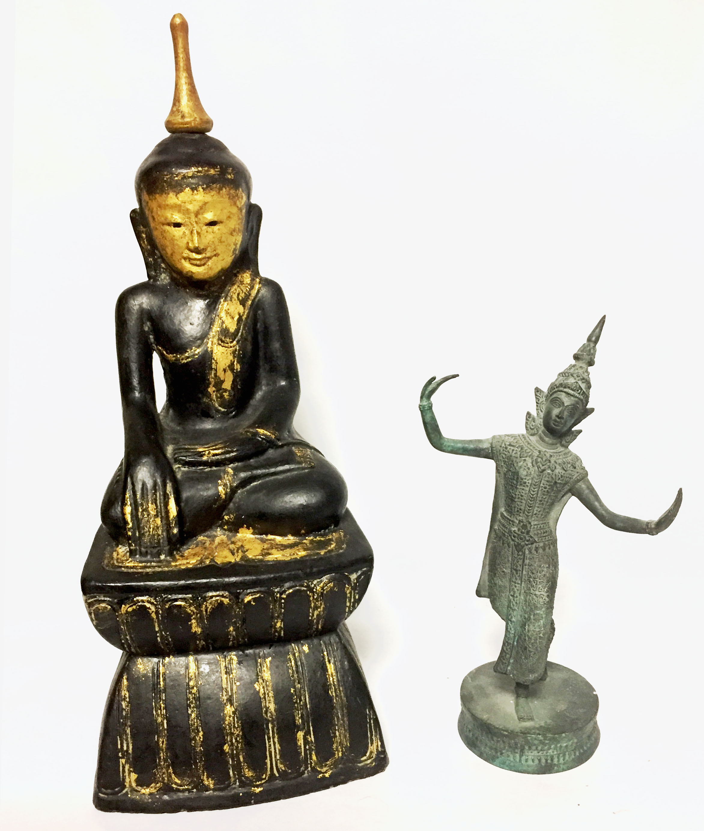 A PATINATED BRONZE STATUE OF A THAI DANCER Raised on a circular plinth base, sold together with