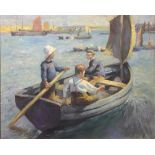 A 20TH CENTURY BRITISH SCHOOL OIL ON BOARD Children on a sail boat, signed with initials 'C.F.'. (