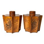 A RARE PAIR OF 19TH CENTURY CHINESE BAMBOO TEA CADDIES With eight inverted sections carved with