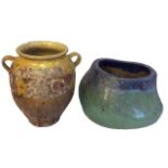 TWO 20TH CENTURY GLAZED EARTHENWARE JARDINIÈRES Twin handle with yellow glaze and squat form with