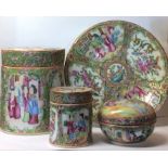 A COLLECTION OF 19TH CENTURY CANTON PORCELAIN TRINKET ITEMS Three cylindrical box and covers, each