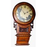 A 19TH CENTURY AMERICAN WALNUT WALL CLOCK Having a circular white dial with brass bezel, the case