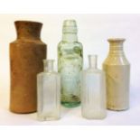 A COLLECTION OF VICTORIAN BOTTLES AND JARS Comprising a green Codd bottle embossed 'Ford Parr Ltd