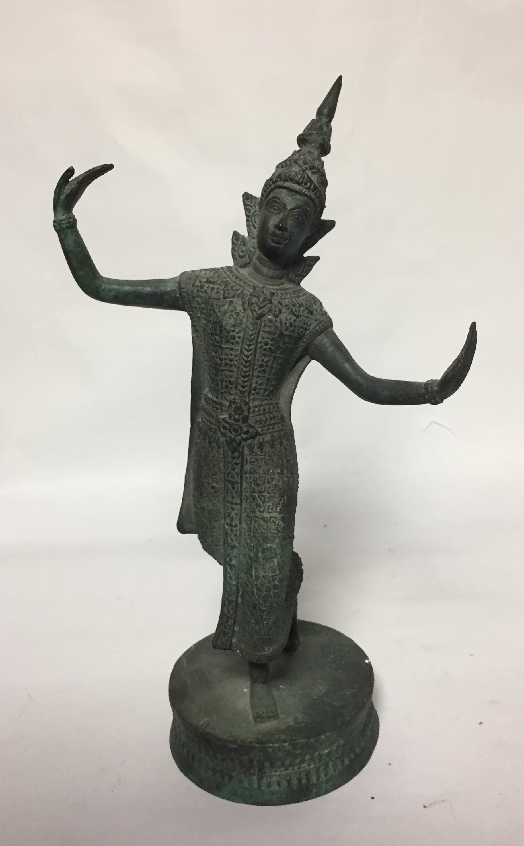 A PATINATED BRONZE STATUE OF A THAI DANCER Raised on a circular plinth base, sold together with - Image 3 of 3