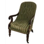 AN EARLY VICTORIAN MAHOGANY FRAMED OPEN ARMCHAIR In green stripped velvet upholstery, raised on