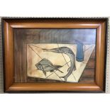 A STYLE OF BERNARD BUFFET, A 20TH CENTURY OIL ON BOARD Still life, fish and a jug, signed, dated 49'