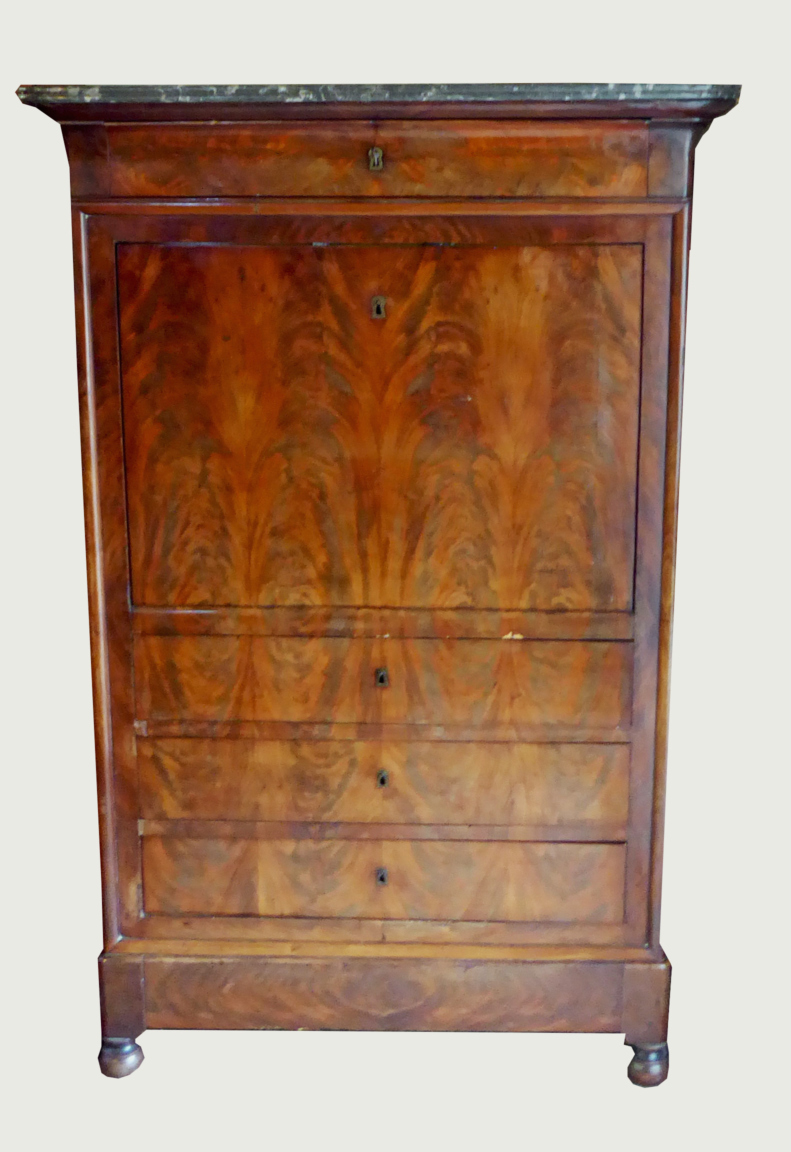 A 19TH CENTURY FRENCH MAHOGANY ESCRITOIRE ABATTANT With marble top above fitted fall front writing