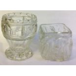 TWO EARLY 20TH CENTURY ART GLASS BALUSTER VASES Cut with geometric patterns and a square form vase