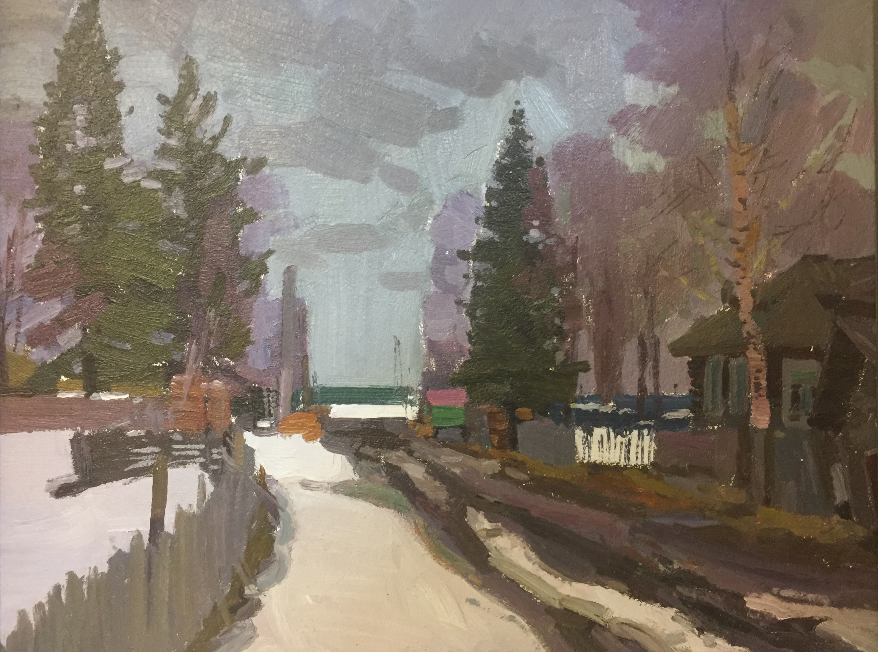 MIKHAIL VASILIEVICH AKINSHIN, 1927 - 1982, OIL ON BOARD Winter street scene, illustrated with houses