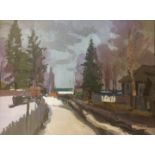 MIKHAIL VASILIEVICH AKINSHIN, 1927 - 1982, OIL ON BOARD Winter street scene, illustrated with houses