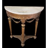 A 19TH CENTURY GILT WOOD CONSOLE TABLE With white marble top. (71cm x 34cm x 74cm)