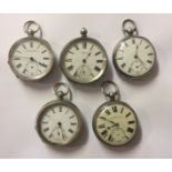 FIVE 19TH CENTURY GENTLEMEN'S SILVER OPEN FACED POCKET WATCHES To include Muret Geneve. (l 5.5cm)