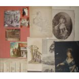 A QUANTITY OF ANTIQUE AND LATER PENCIL SKETCHES, PEN AND INK DRAWINGS, PRINTS AND WATERCOLOURS To