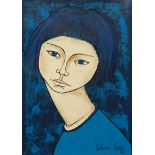 SILVERE CROIX, A 20TH CENTURY FRENCH COLOURED LITHOGRAPH PRINT Portrait of a girl on blue ground,