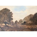 A LARGE EARLY 19TH CENTURY CONTINENTAL SCHOOL OIL ON PAPER Landscape, with figures and cattle,