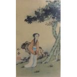 AN EARLY 20TH CENTURY JAPANESE WATERCOLOUR ON SILK Featuring a Geisha girl in a garden, signed lower
