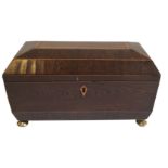 A GEORGIAN RECTANGULAR TEA CADDY Inlaid with herringbone style stringing with gilt brass handles and