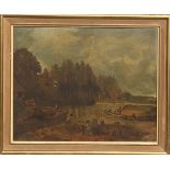 A 19TH CENTURY PRIMITIVE SCHOOL OIL ON BOARD Riverscape, with figures, along with another, same