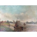 A 19TH CENTURY DUTCH OIL ON BOARD Landscape, river scene, sailboat, indistinctly signed and dated '