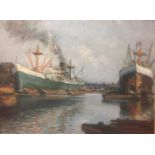 MAX HOFLER, 1892 - 1963, A 20TH CENTURY OIL ON BOARD Ships and barges, signed lower right and