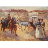 A LATE 19TH/EARLY 20TH CENTURY OIL ON BOARD Impressionist scene, horse drawn coaches and figures,