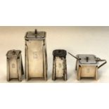 CHARLES BOYTON, A STYLISH ART DECO PERIOD ENGLISH HALLMARKED SILVER FOUR PIECE CRUET With original