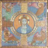 A COLLECTION OF THREE 20TH CENTURY WOOL WORK PICTURES A religious icon with gilt thread, an interior