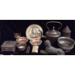 A COLLECTION OF VICTORIAN AND LATER PEWTER, COPPER AND SILVER PLATED ITEMS To include a pewter