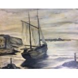 JOAN MADGE, CORNWALL, A MID 20TH CENTURY OIL ON ARTIST BOARD Seascape, a tall ship in a harbour,