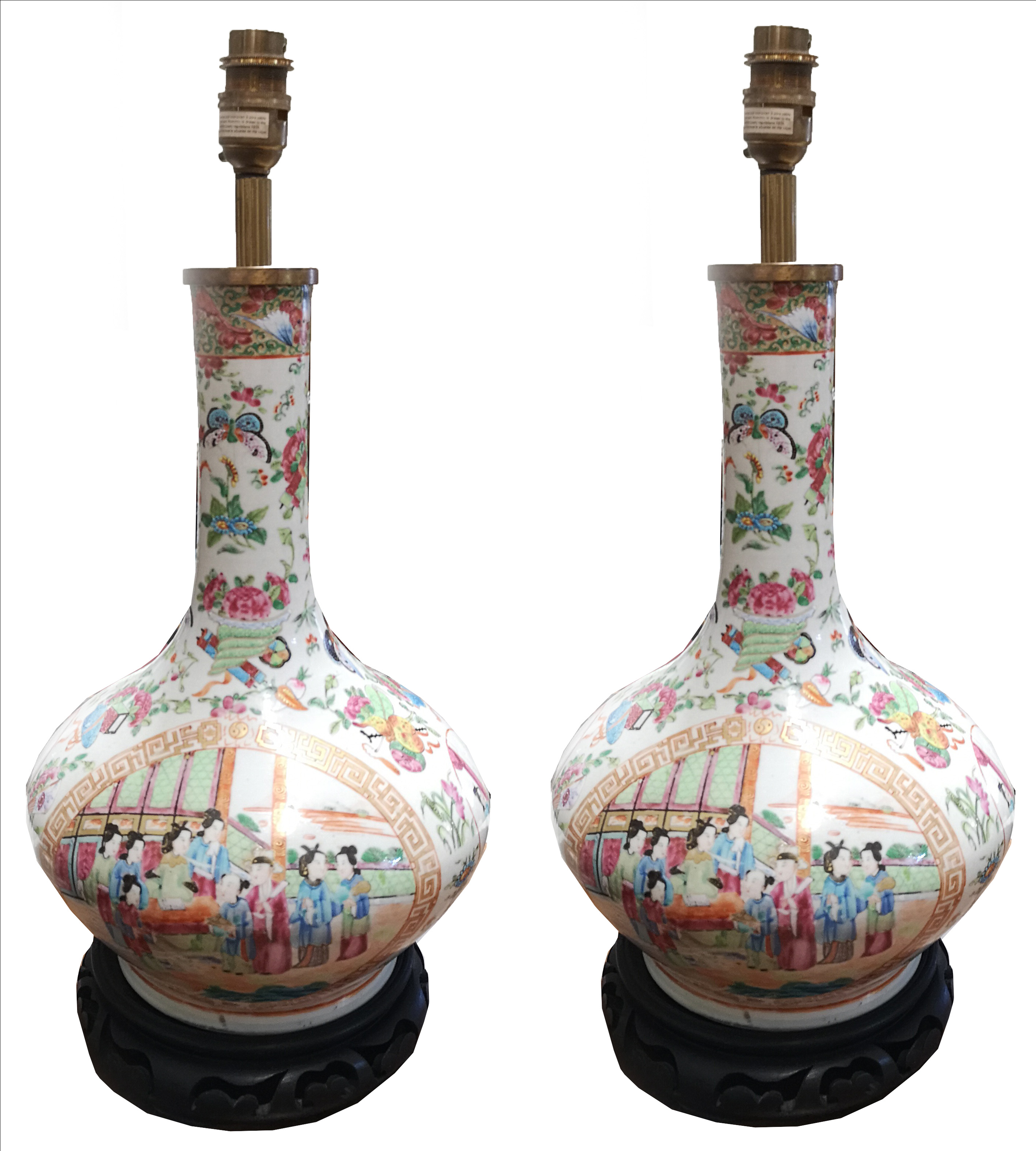 A PAIR OF 19TH CENTURY CHINESE CANTON VASES CONVERTED TO TABLE LAMPS On hardwood stands. (48cm)