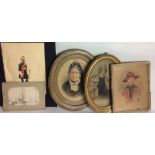 A COLLECTION OF VICTORIAN AND LATER WATERCOLOURS To include two oval watercolours of elderly ladies,