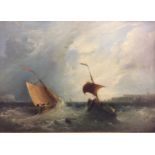 A 19TH CENTURY OIL ON BOARD Seascape, two sailboats in choppy waters, complete with gilt frame. (w