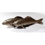 AN ORIENTAL WHITE METAL FIGURAL GROUP OF A PAIR OF CARP FISH Finely detailed scale body, bearing